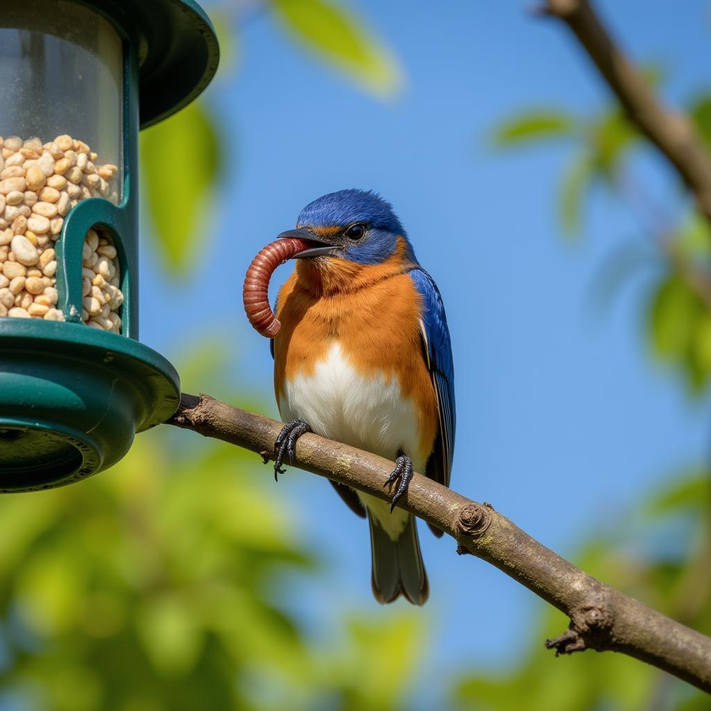 Bluebird Enjoying Live Mealworms