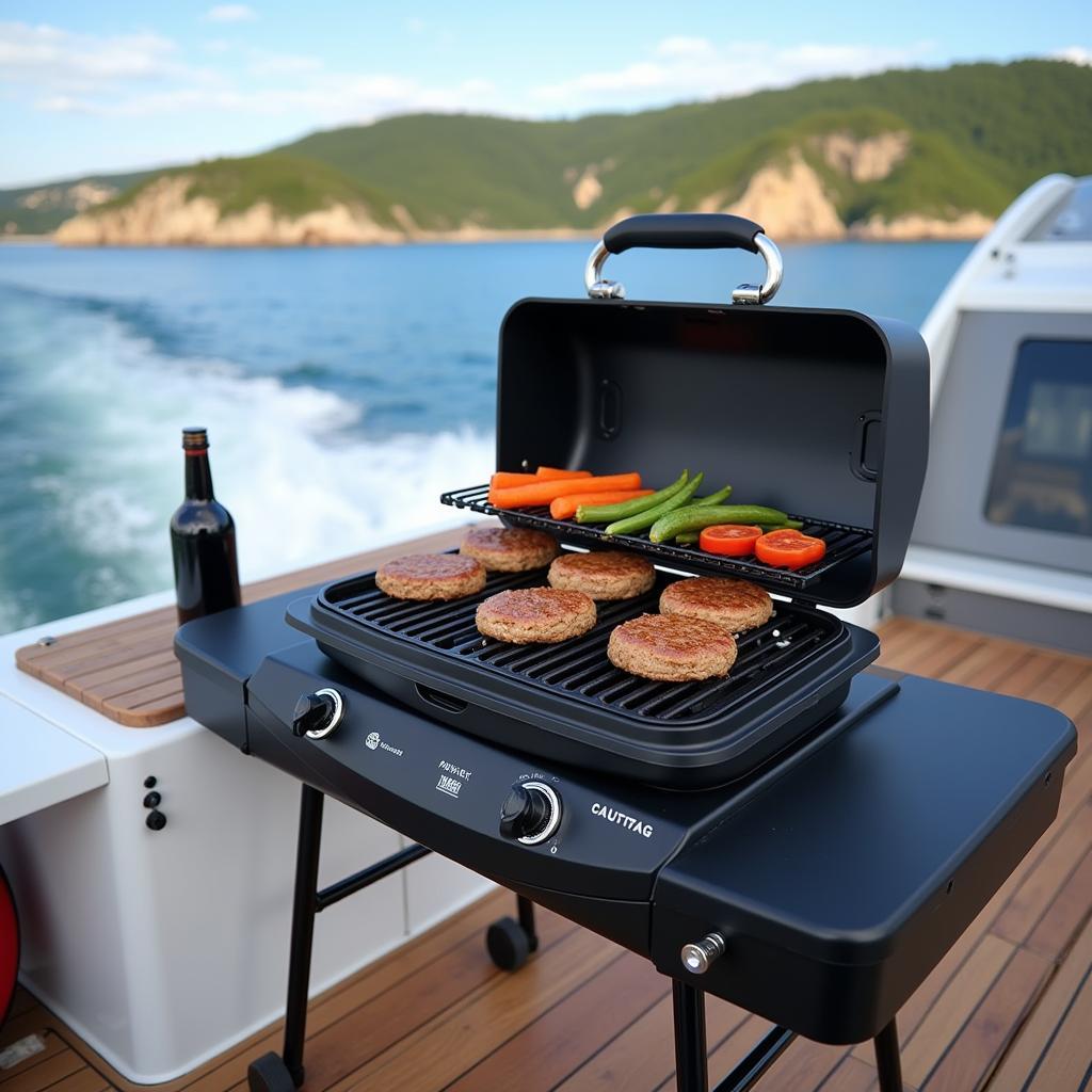 Grilling burgers and veggies on a boat for a delicious meal.