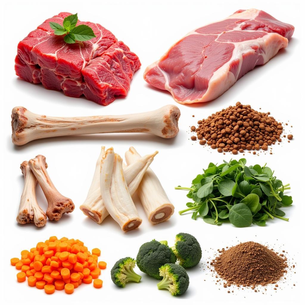 A close-up of various raw ingredients for born wild dog food, including meat, bones, and vegetables.