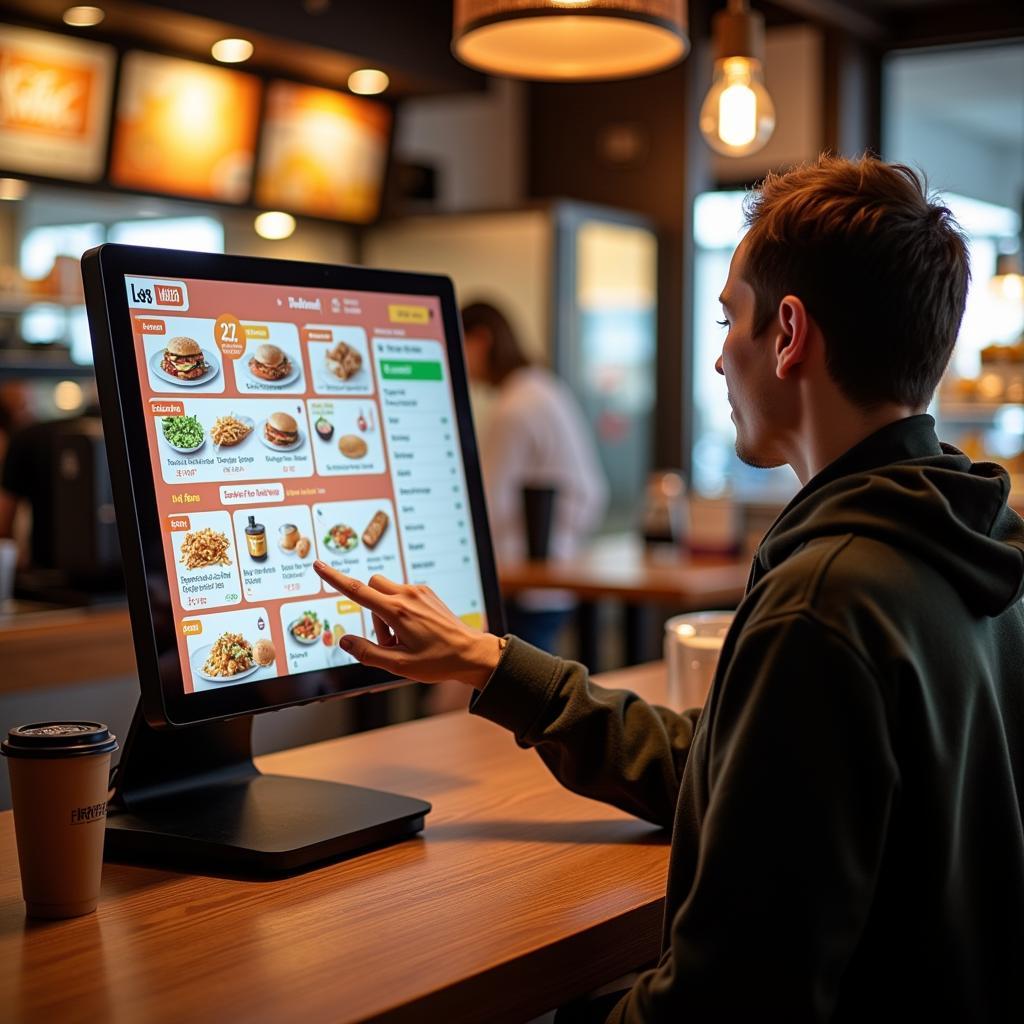 Customer Using Borne de Commande Fast Food Kiosk