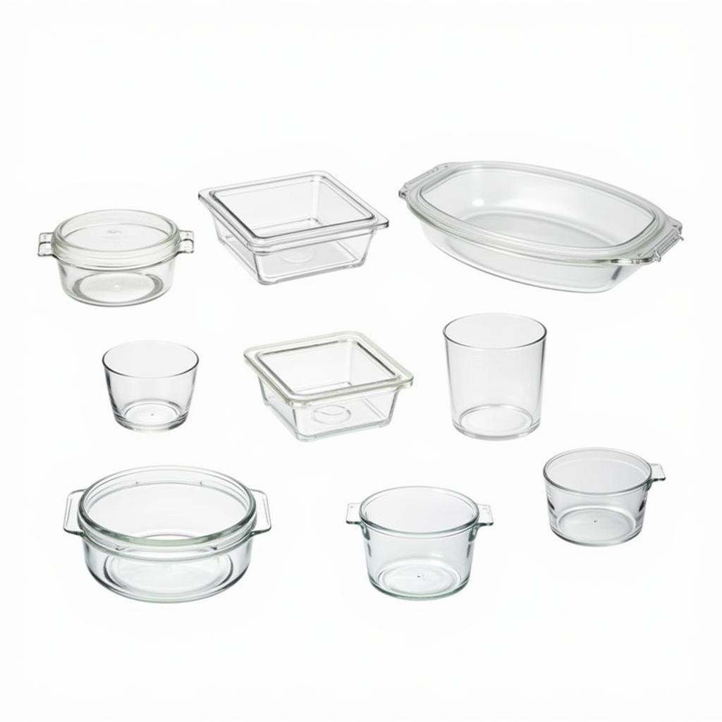 Borosilicate glass food storage containers of various sizes and shapes.