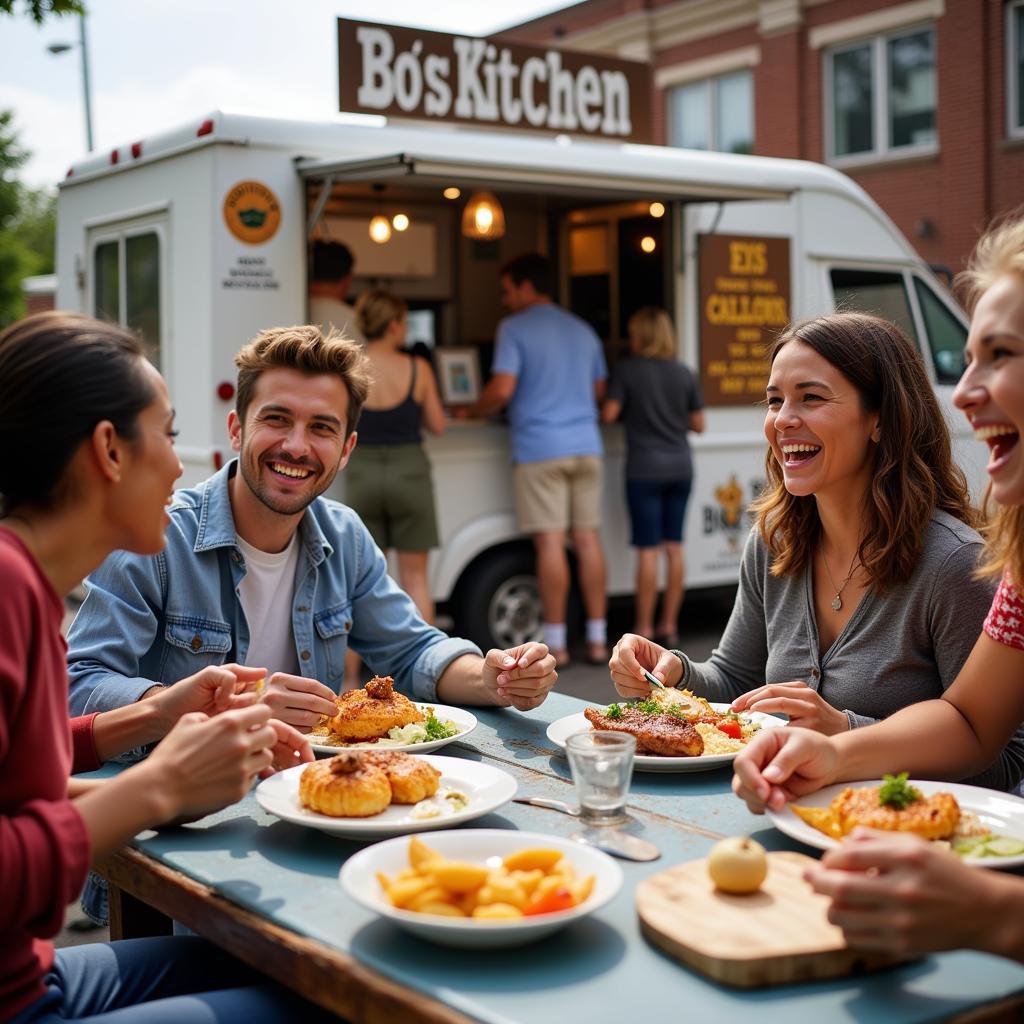 Happy customers enjoying their food from Bo's Kitchen Food Truck