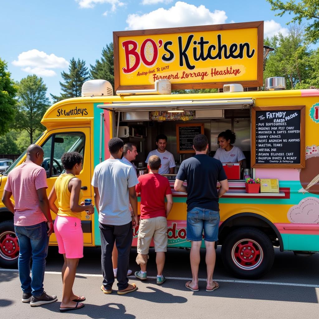 Bo's Kitchen Food Truck parked on a busy street corner, serving customers