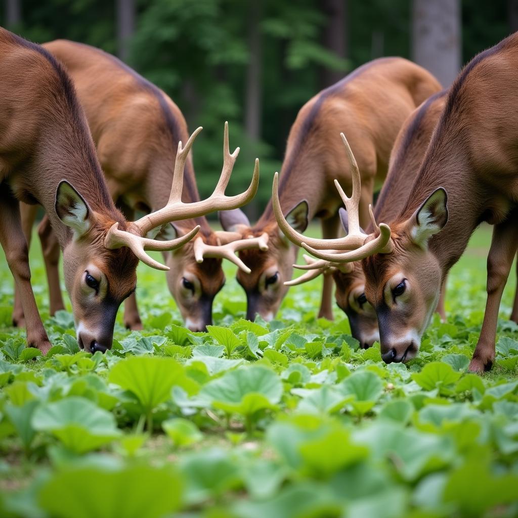 Deer feeding on a lush brassica blend food plot