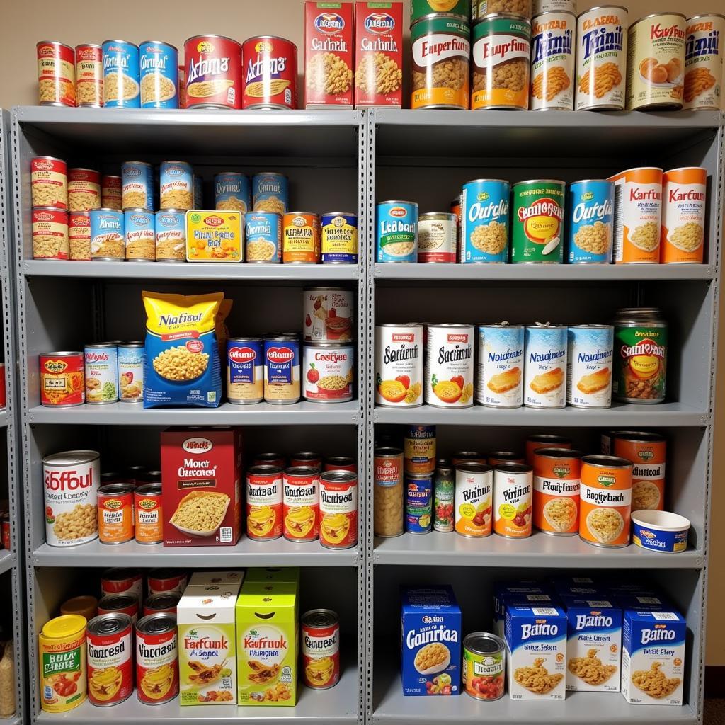 Various donated food items stacked on shelves at a Brazoria County food pantry.