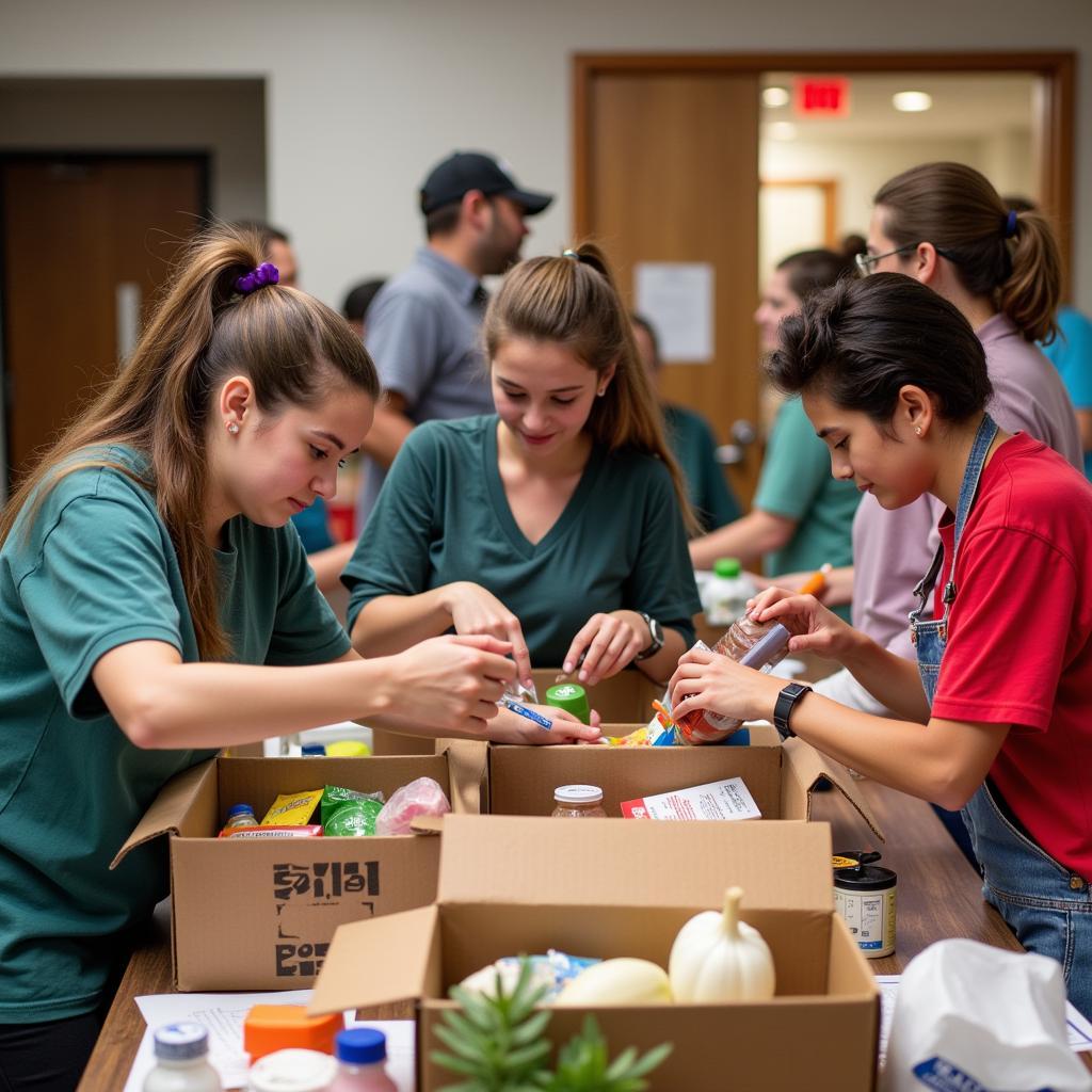 Volunteers sorting and packing food at a Brazoria County food pantry.