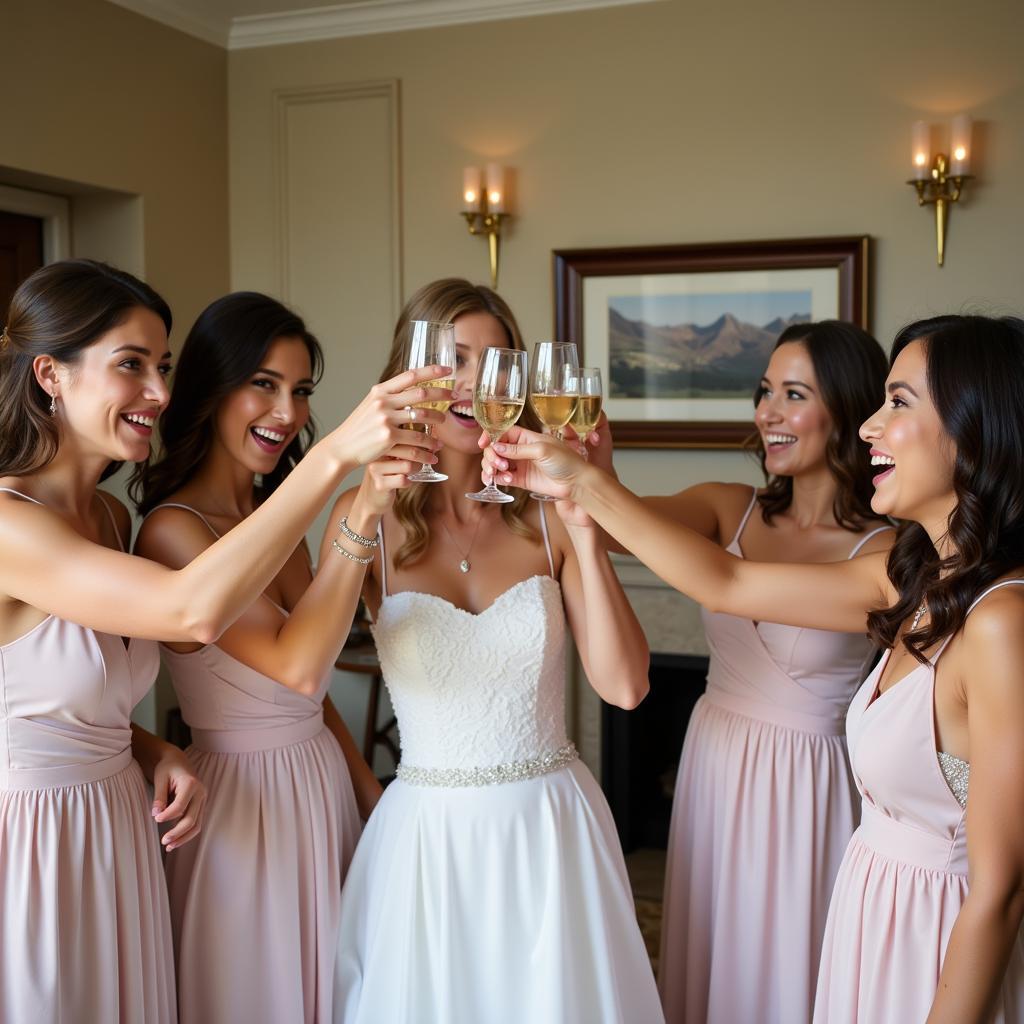 Bridal party champagne toast in the suite