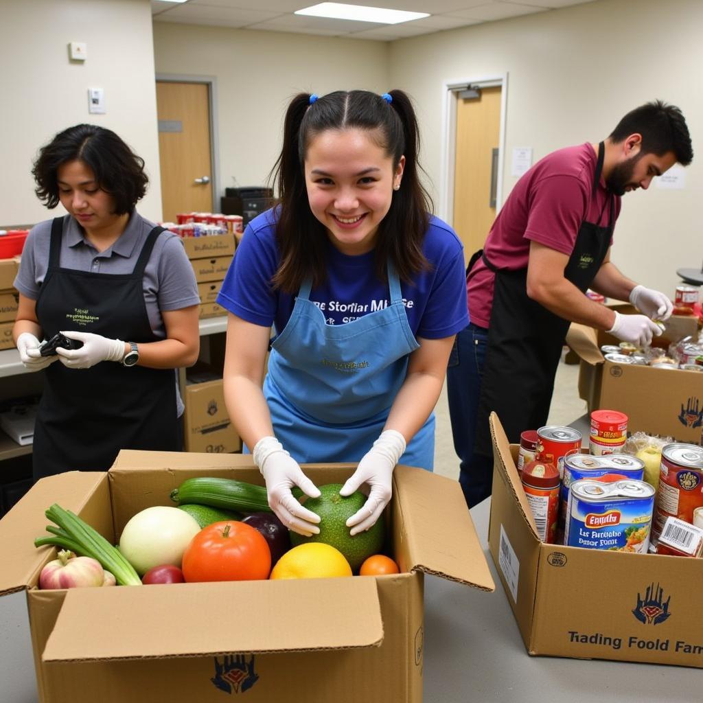 Volunteers sorting food at The Bridge Food Pantry