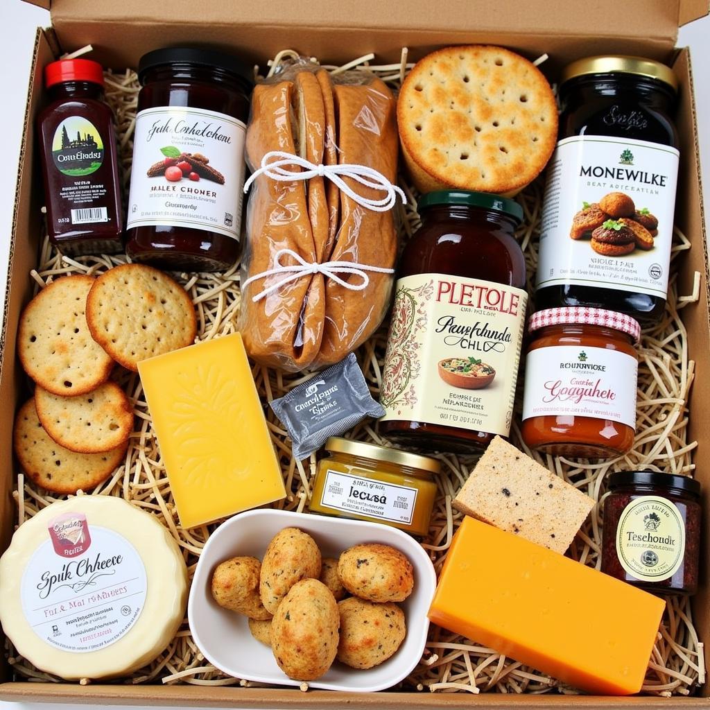 British Food Box Variety: A Selection of Cheeses, Biscuits, and Jams