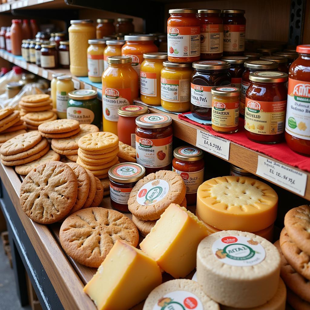 A wide array of British-made food products, from cheeses and biscuits to jams and preserves, highlighting the diversity of the UK food manufacturing industry.