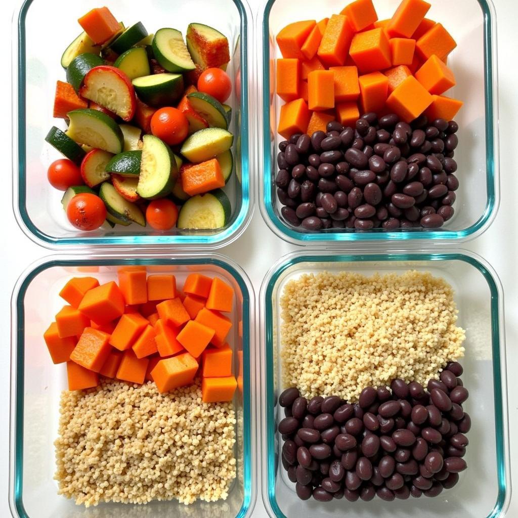 Budget-Friendly Whole Food Meal Prep: A colorful spread of prepped whole foods, including roasted vegetables, cooked grains, and beans, organized in containers for easy meal assembly throughout the week.