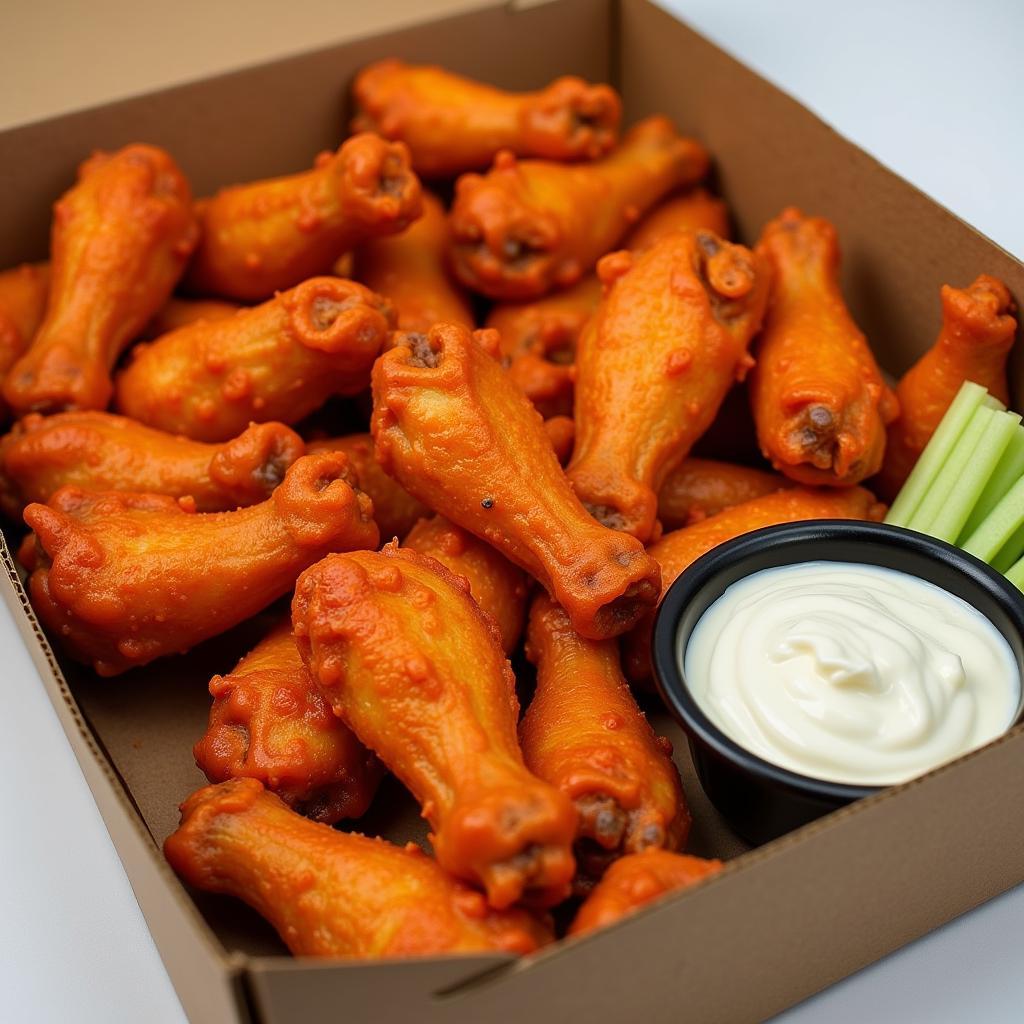 Buffalo wings packed in a shipping box