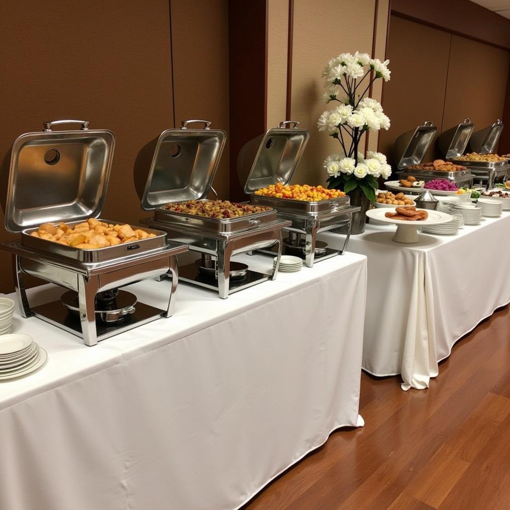 An Elegant Buffet Setup Featuring Stainless Steel Food Warmers