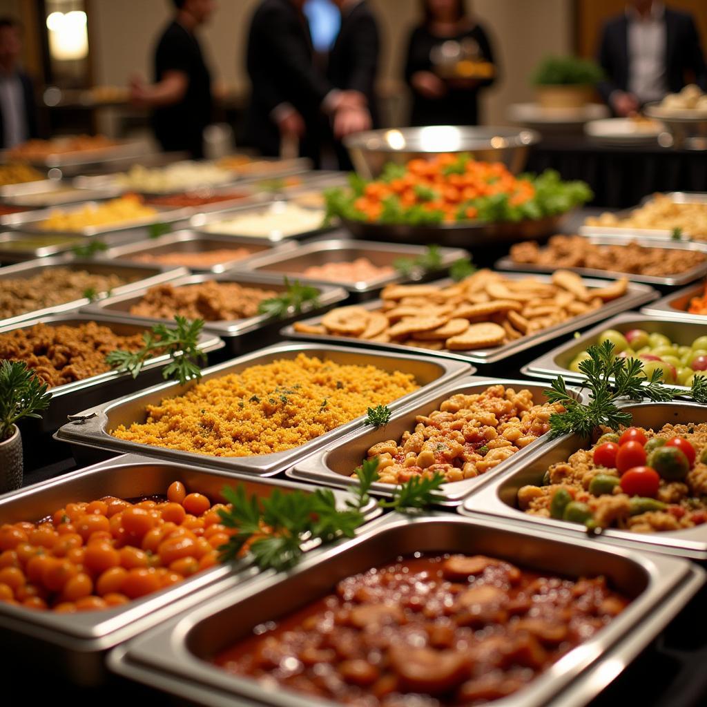 Buffet setup with various food pans