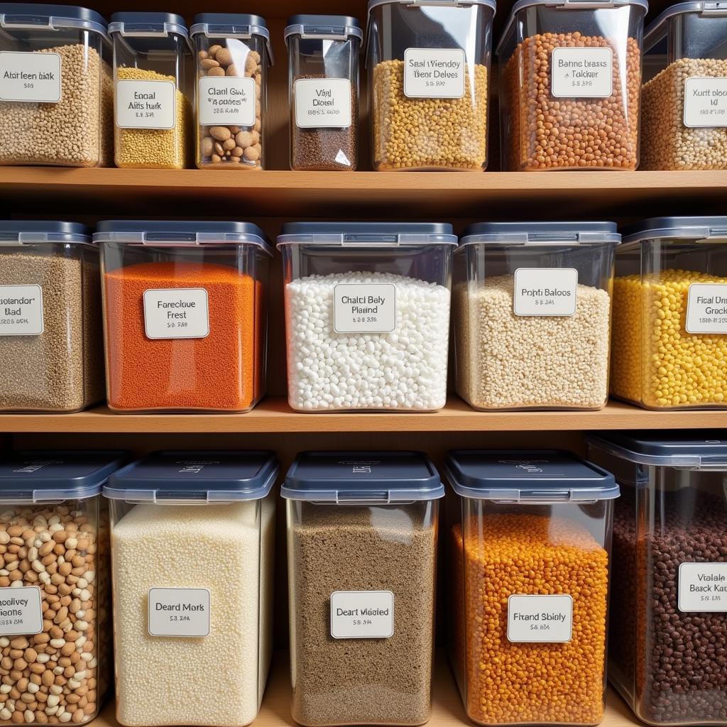 Organized shelves with bulk food stored in airtight containers