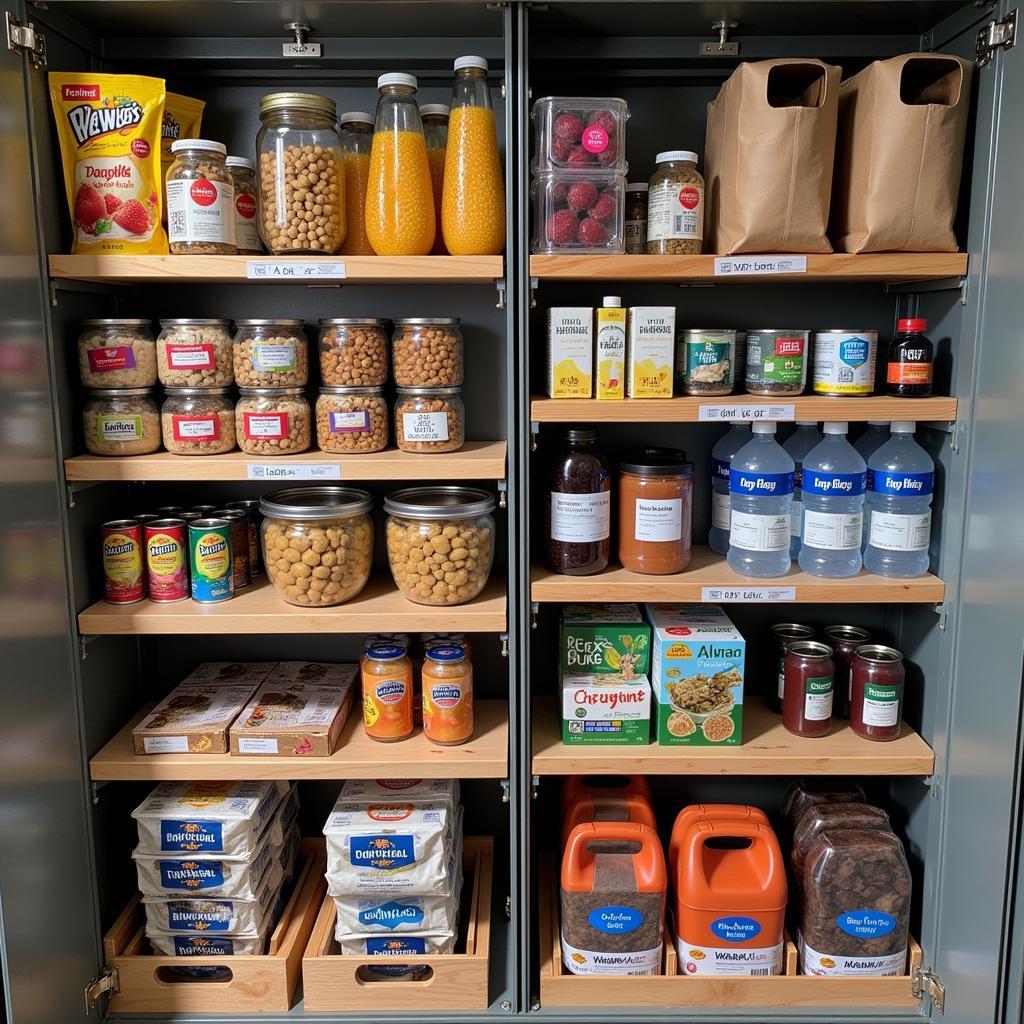 Organized shelves of long-term food storage in a bunker setting, showcasing various canned goods, dried foods, and emergency supplies.