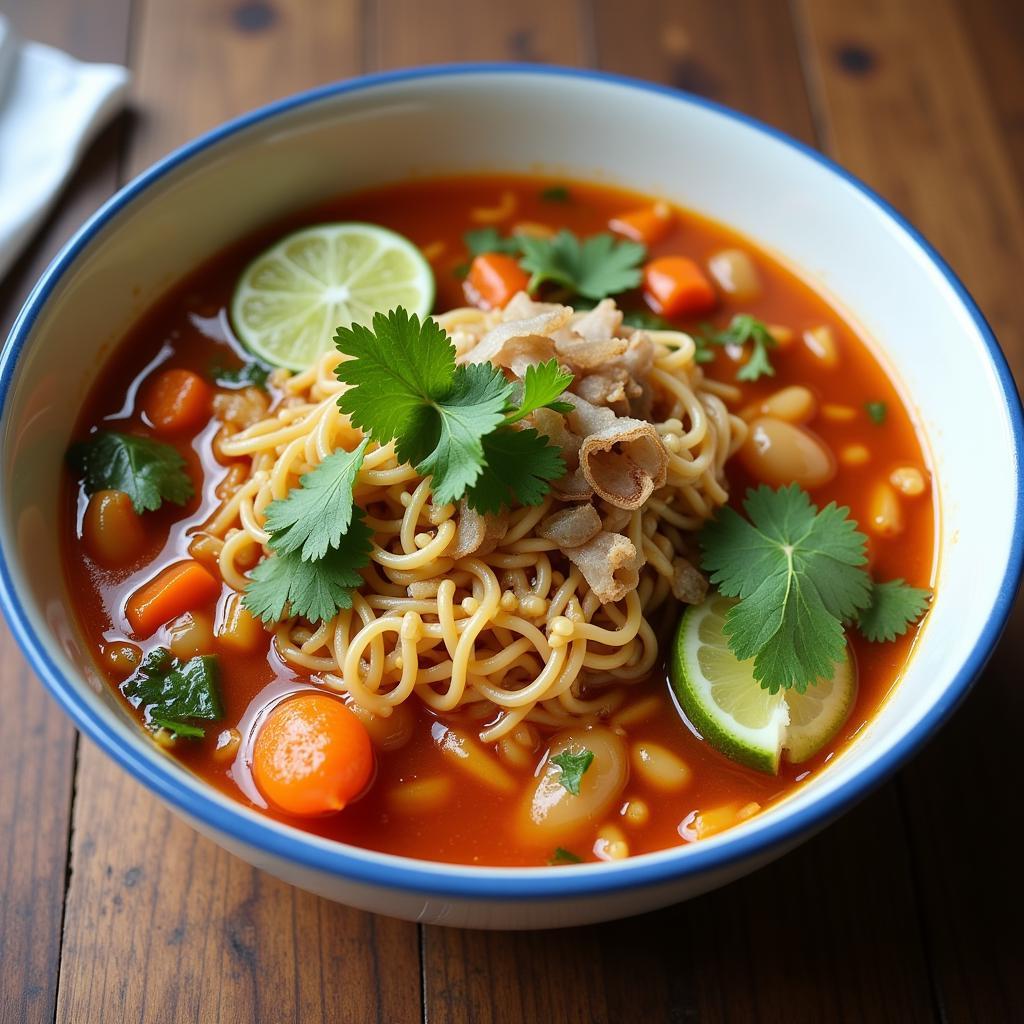 A steaming bowl of Mohinga, a traditional Burmese fish noodle soup, often featured in crossword puzzles.