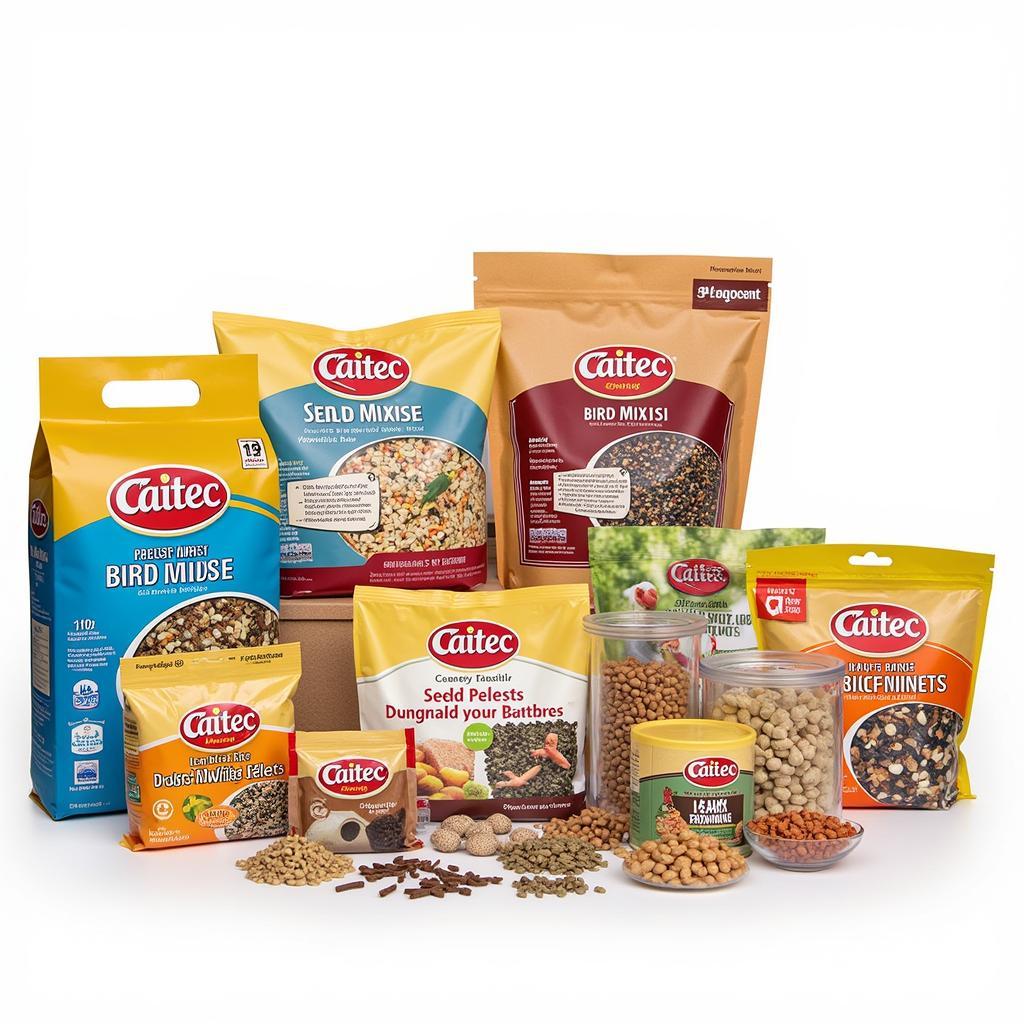 Caitec bird food variety showing different types of seeds, pellets, and treats.