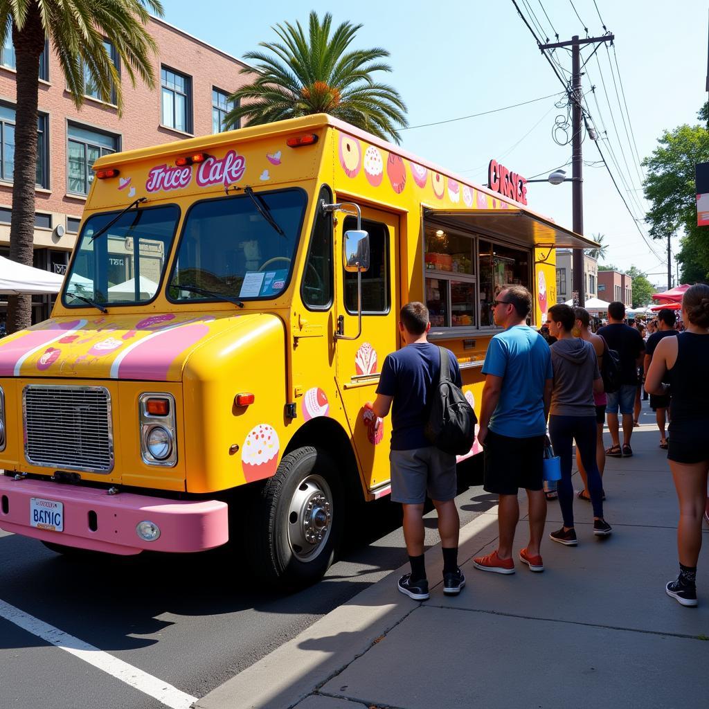 Cake food truck parked at a busy street event, attracting a long queue of customers.