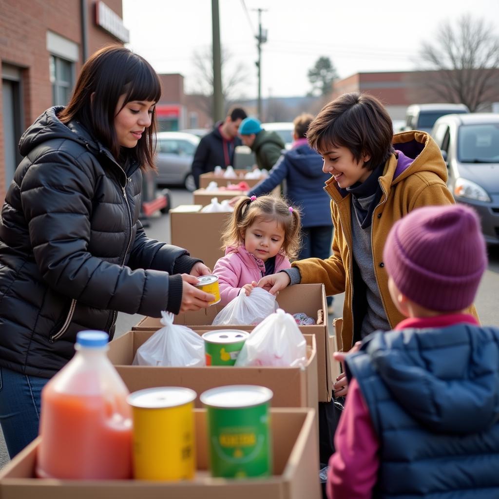 Families receiving food boxes at a Caldwell food bank distribution event