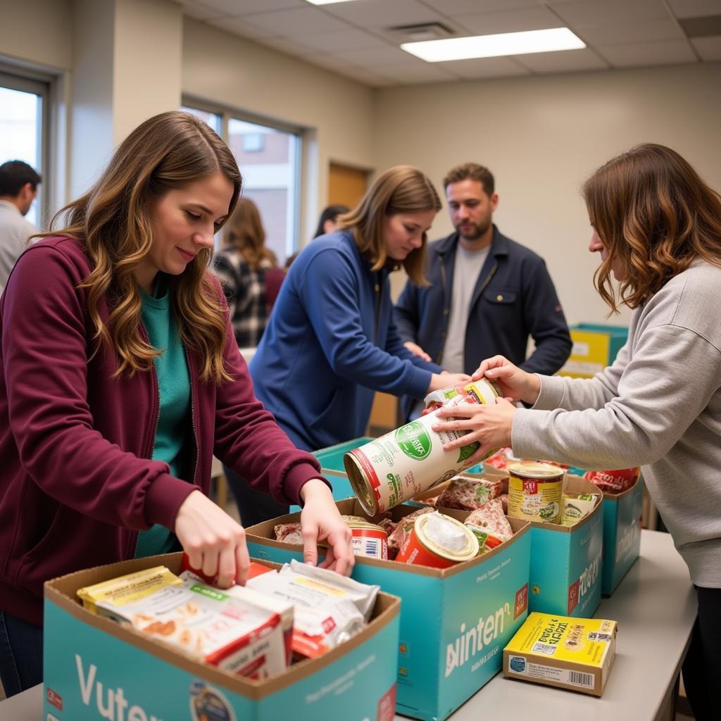 Volunteers sorting food at a Caldwell food bank