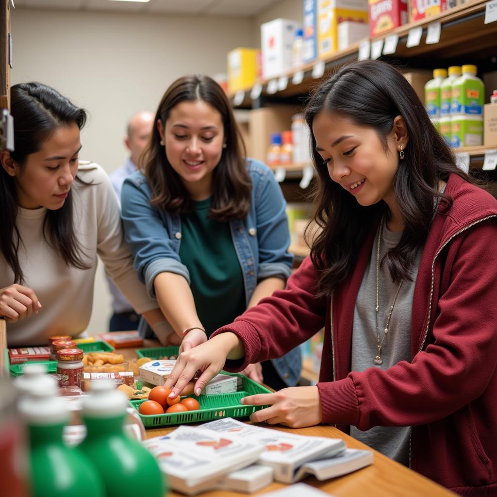 Volunteers at the C.A.L.L. Food Pantry assisting a family select groceries.