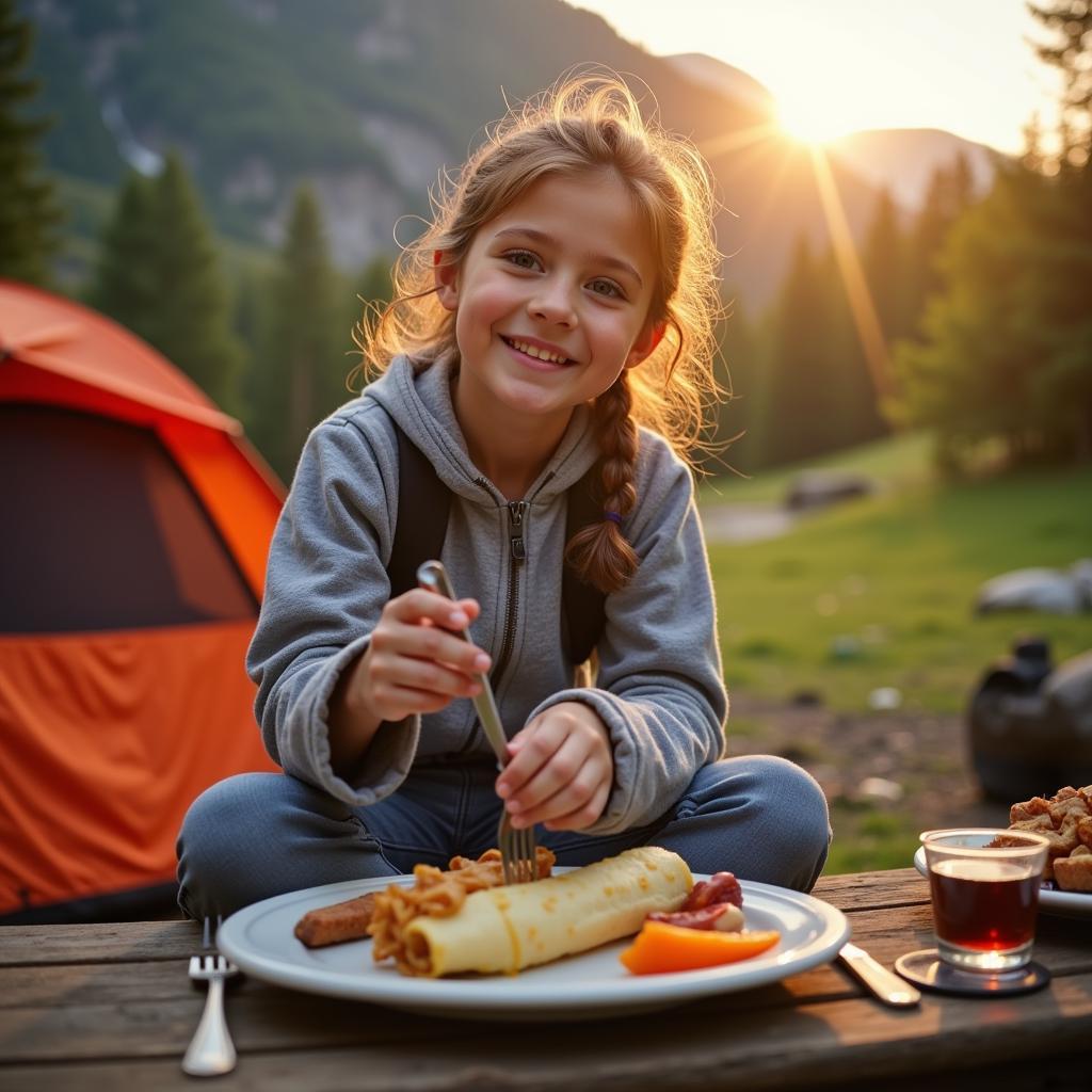 A happy camper enjoys a hot meal prepared from dried camping food.