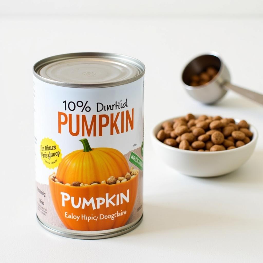 A can of 100% pure pumpkin puree next to a scoop and a bowl of dry dog food.