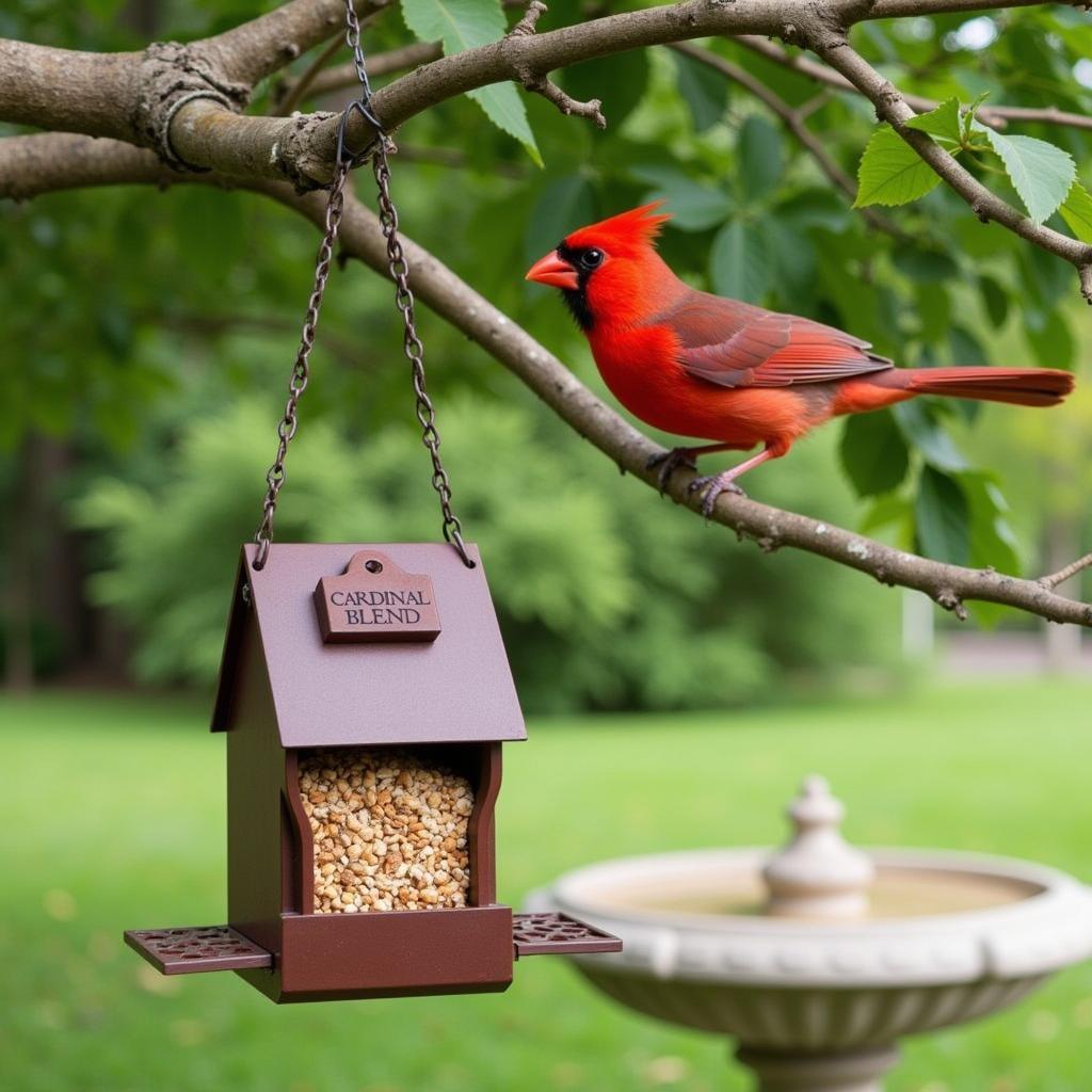 Cardinal perched on a branch near a bird feeder filled with Better Bird Cardinal Blend