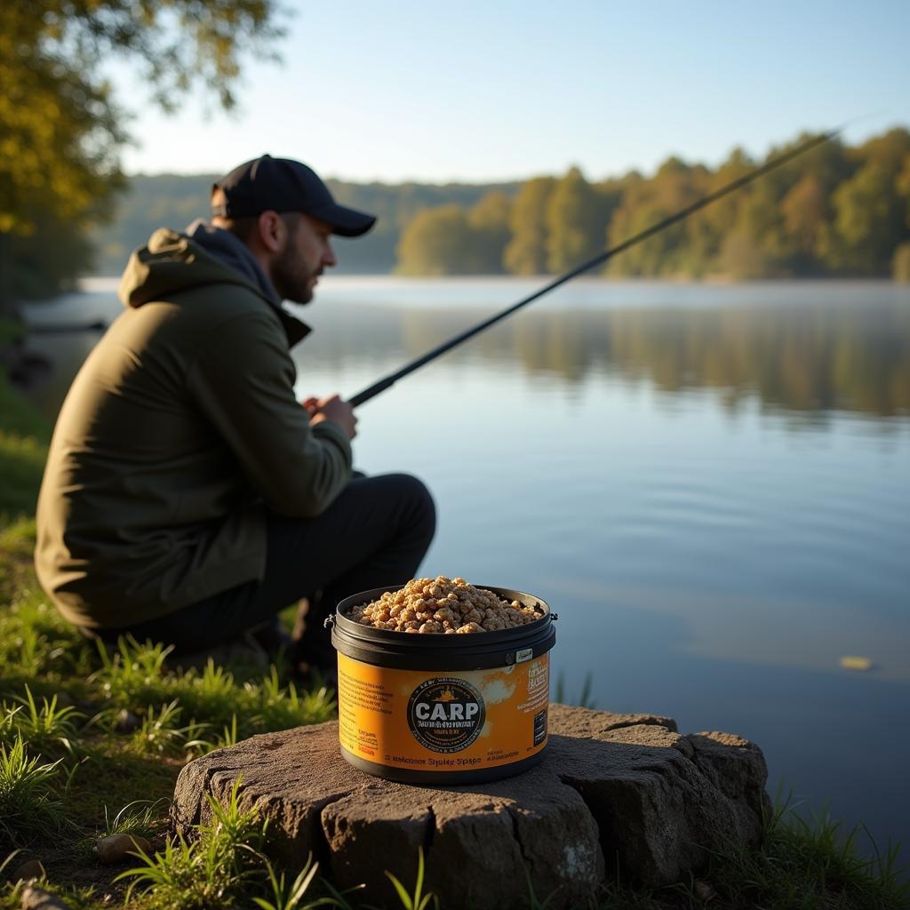 Angler fishing with carp food boilies by the lake