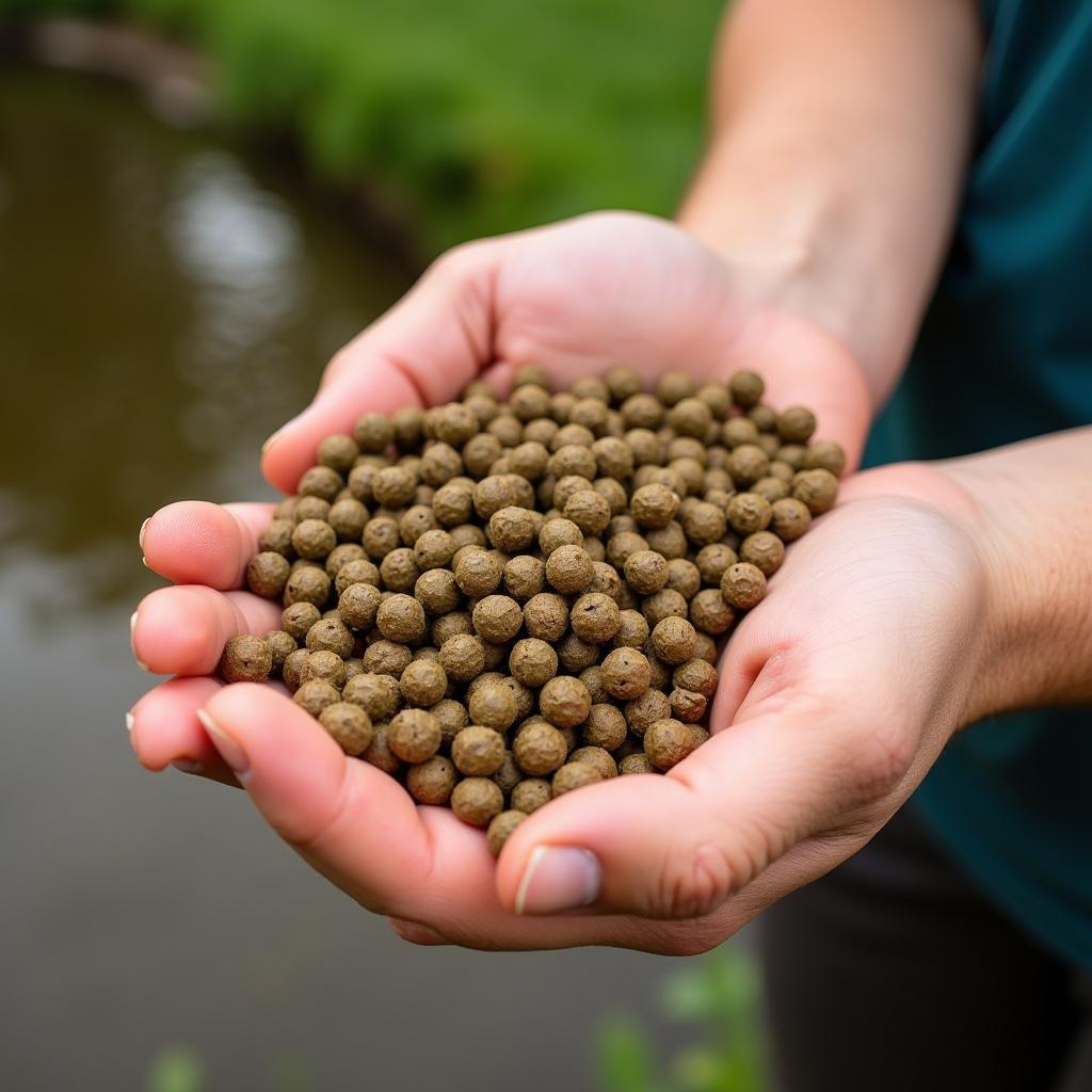 Holding Carp Food Pellets for Feeding