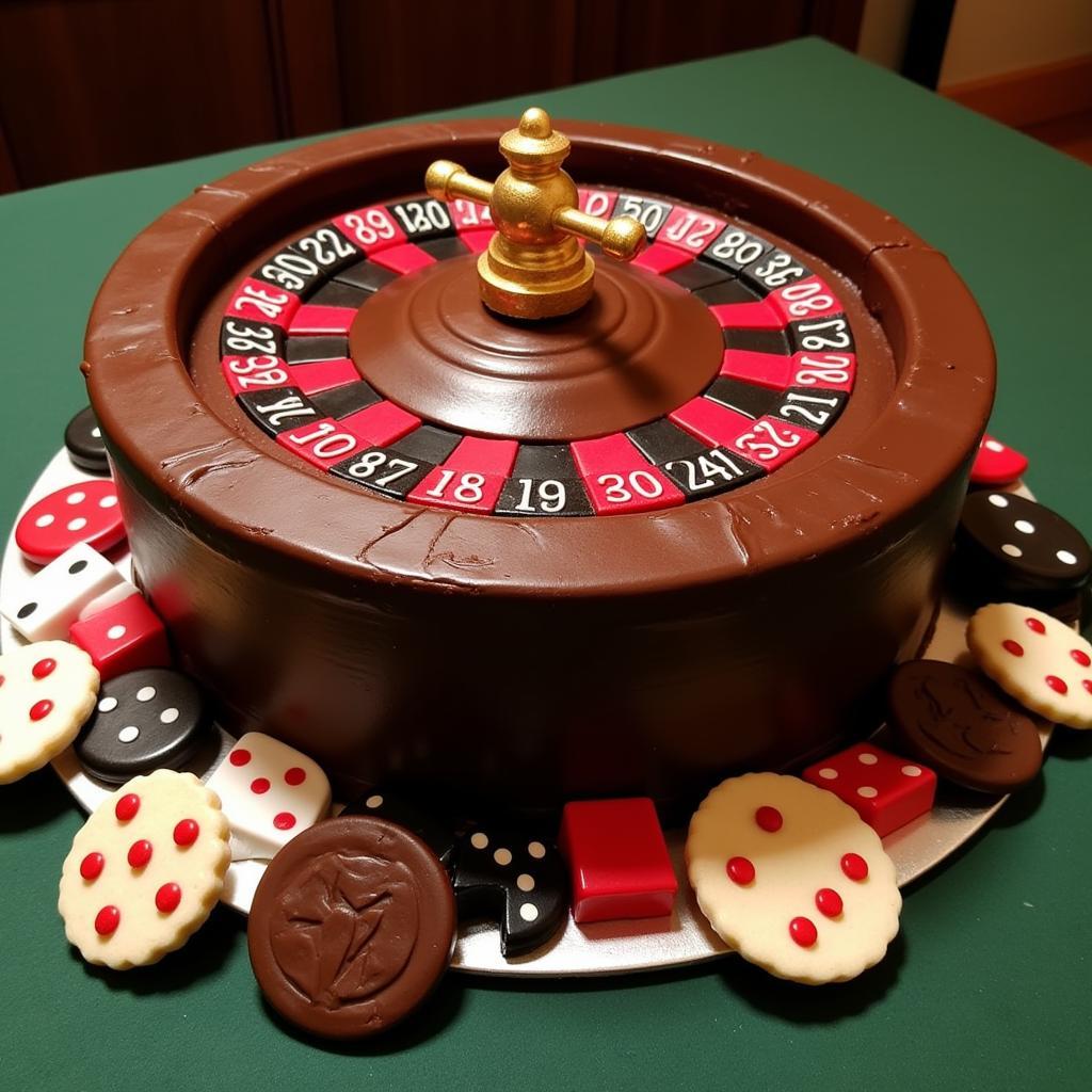 Casino themed desserts featuring a roulette wheel cake