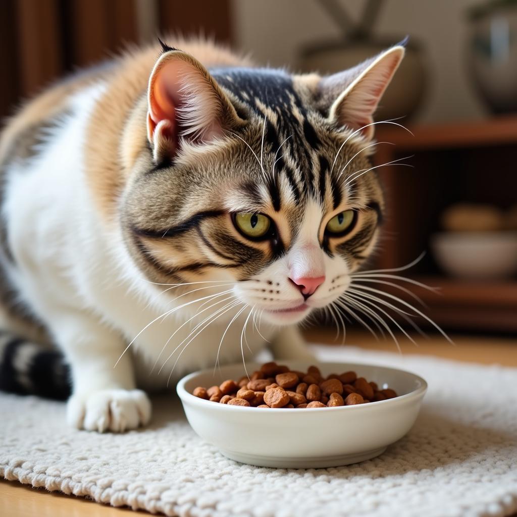 A cat enjoys a meal of digestive health food