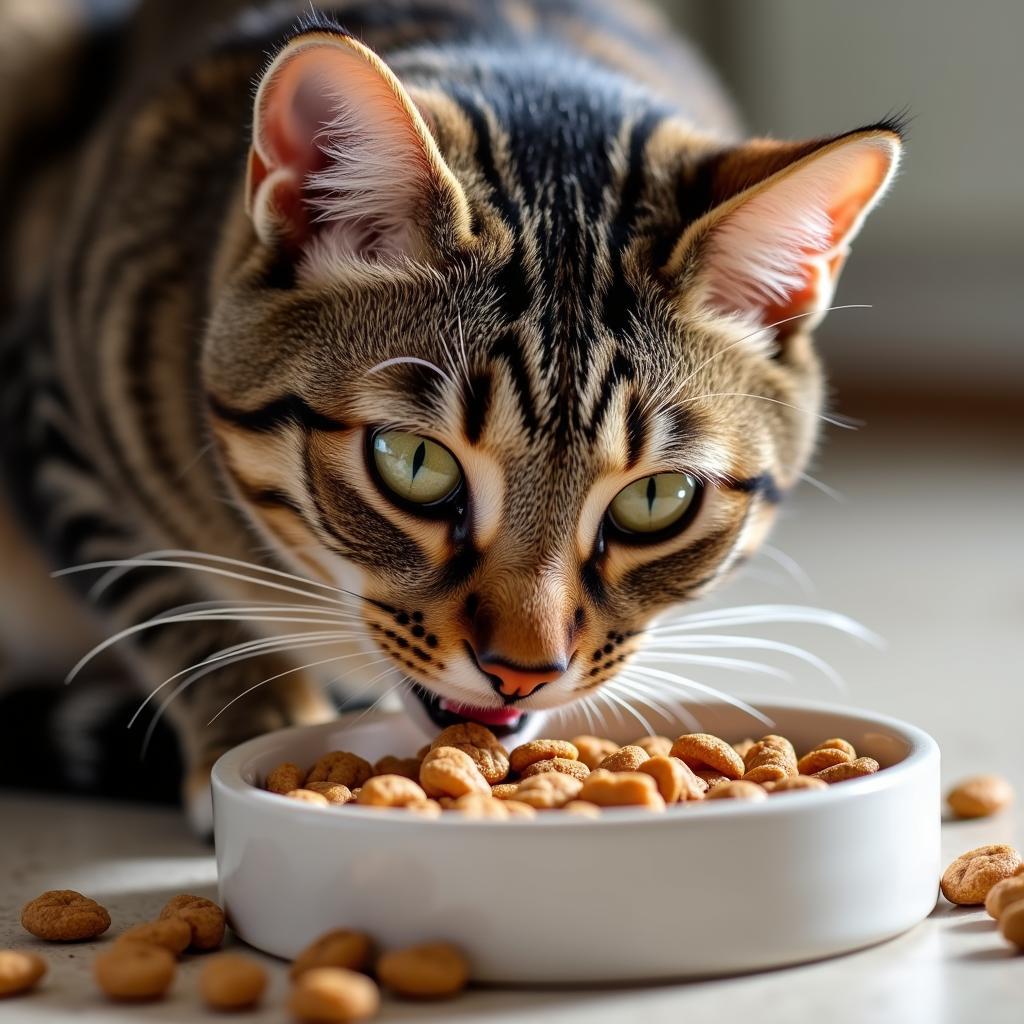 A tabby cat enjoying a bowl of dry cat food made with rabbit