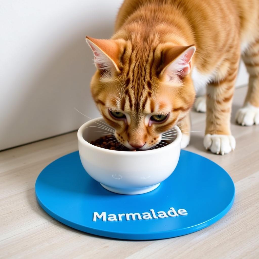 Cat eating from a bowl on a personalised mat