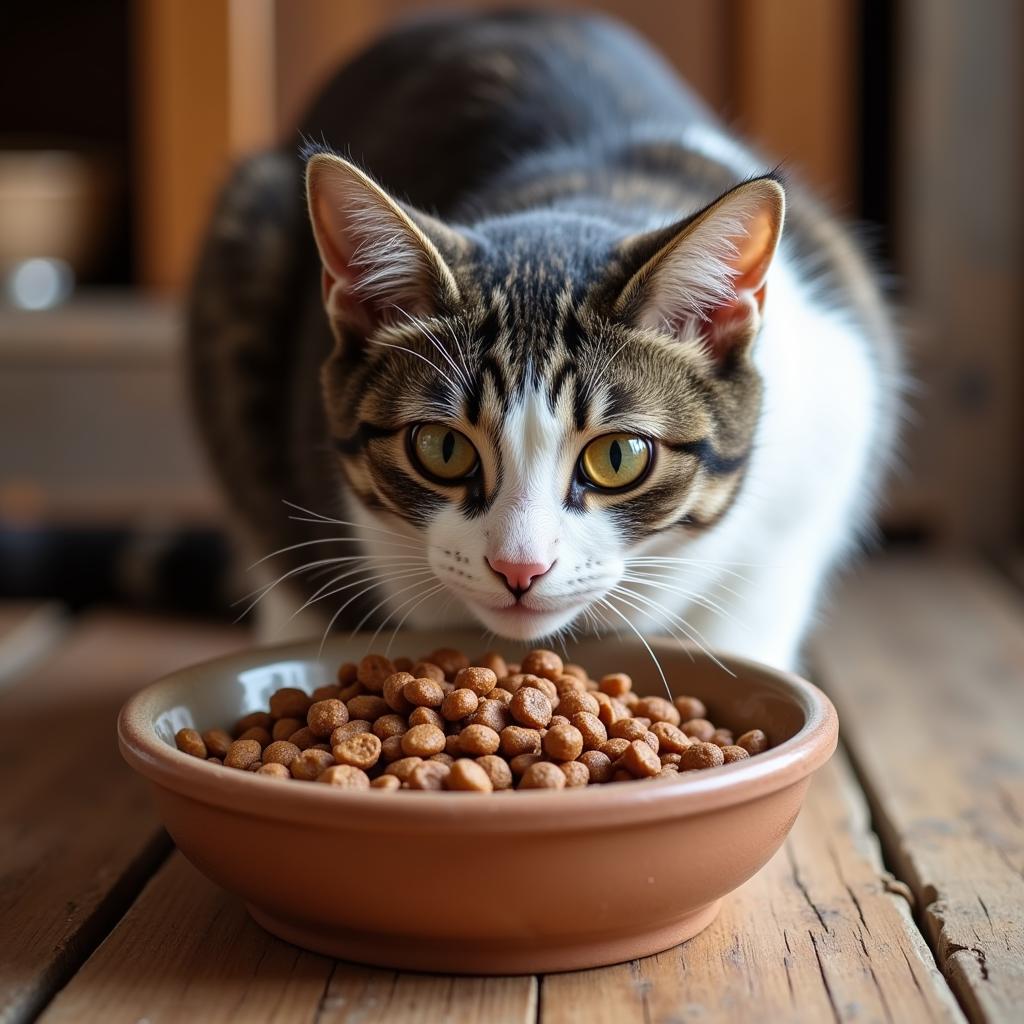 Cat Eating from Bowl of Farm Cat Food