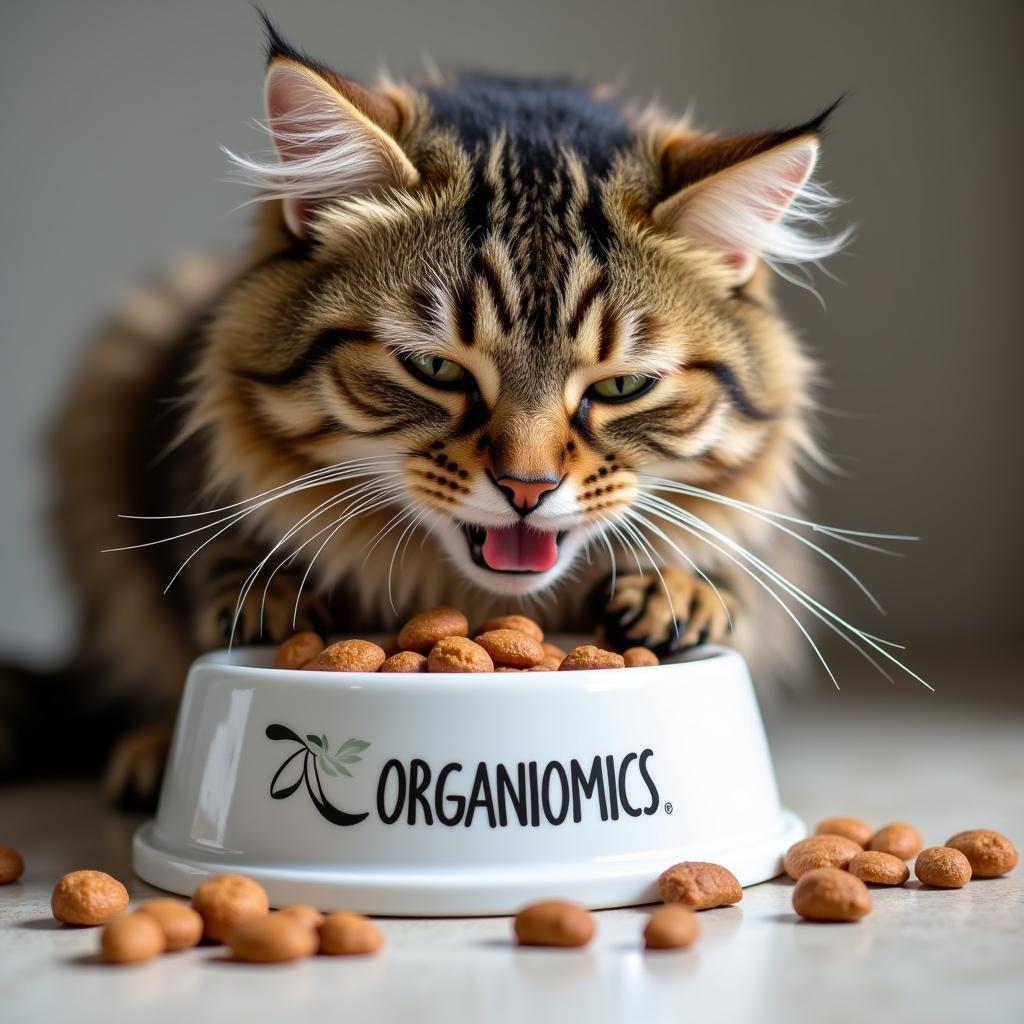 A Happy Cat Enjoying Organomics Cat Food: A contented cat enjoying a bowl of Organomics cat food.