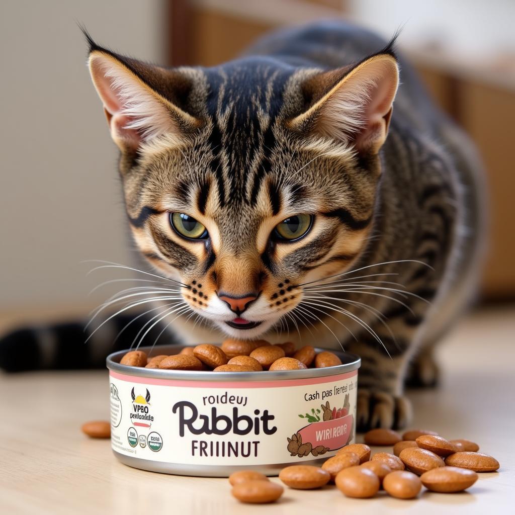 A tabby cat enjoying a meal of rabbit canned cat food