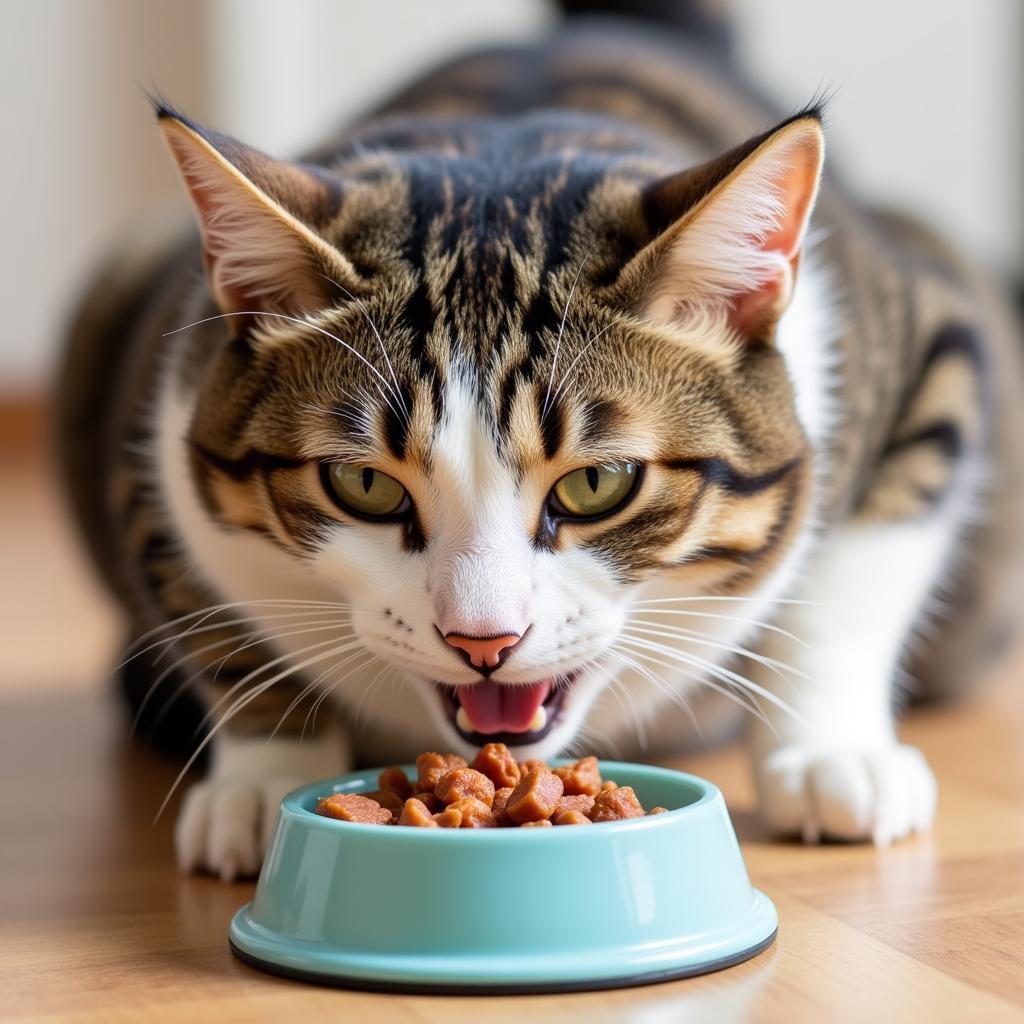 Cat enjoying a bowl of cat food made with real meat