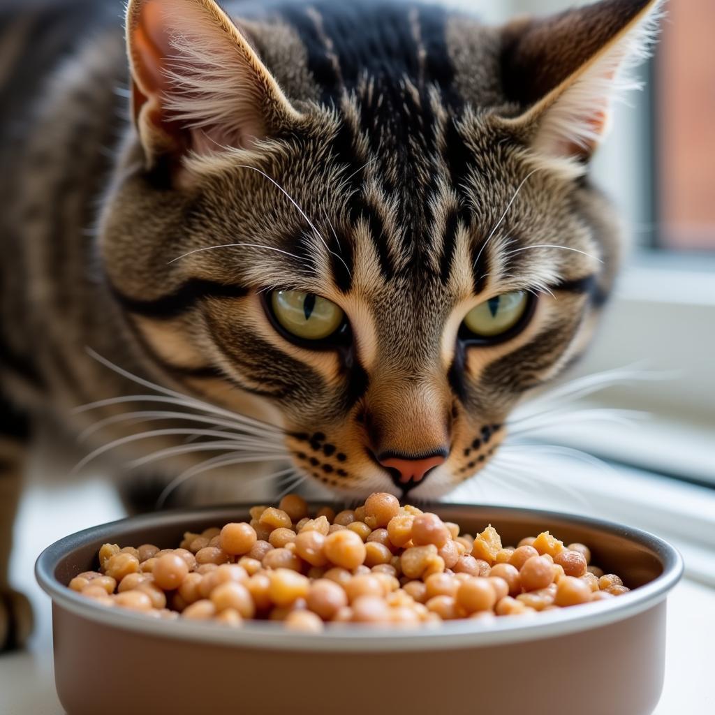 A cat enjoying a meal of vegan canned food.