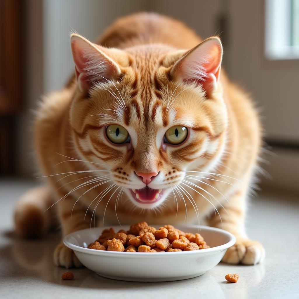 A cat enjoying a bowl of chicken and pumpkin cat food.