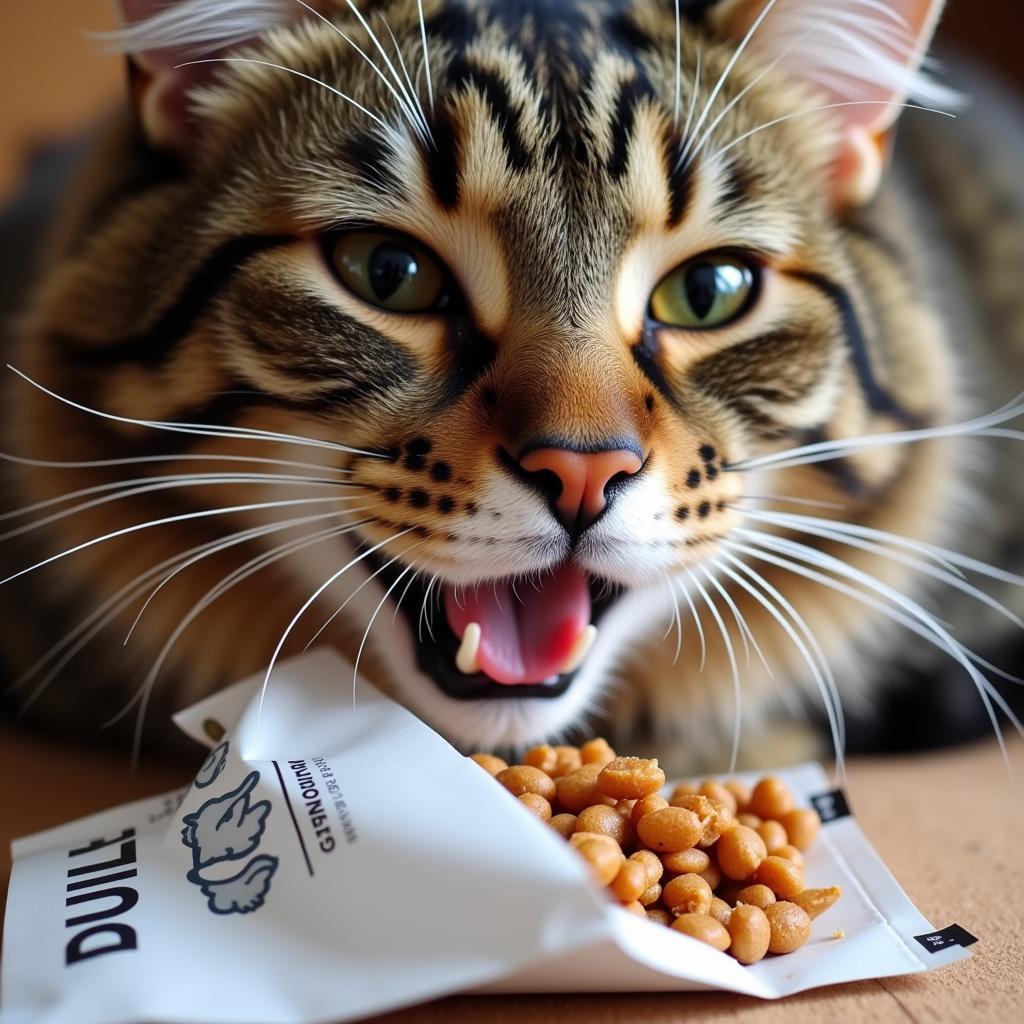 A happy cat eating from a food packet.