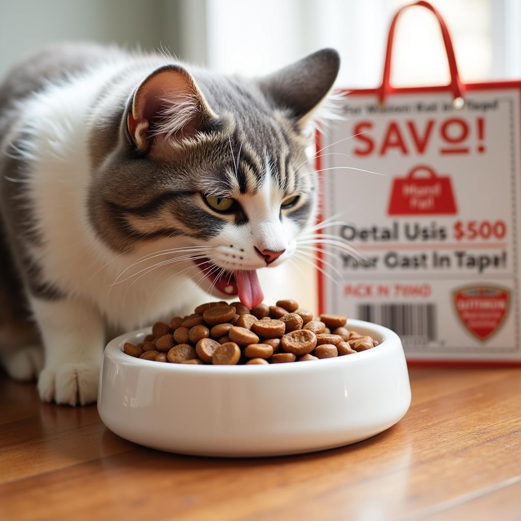 Cat Enjoying Premium Food with Coupon Savings