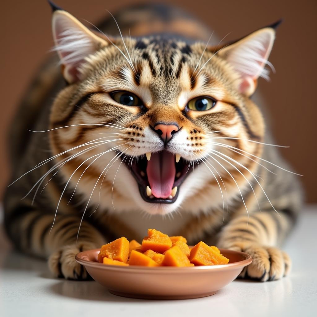 Cat Enjoying a Meal of Canned Cat Food with Pumpkin