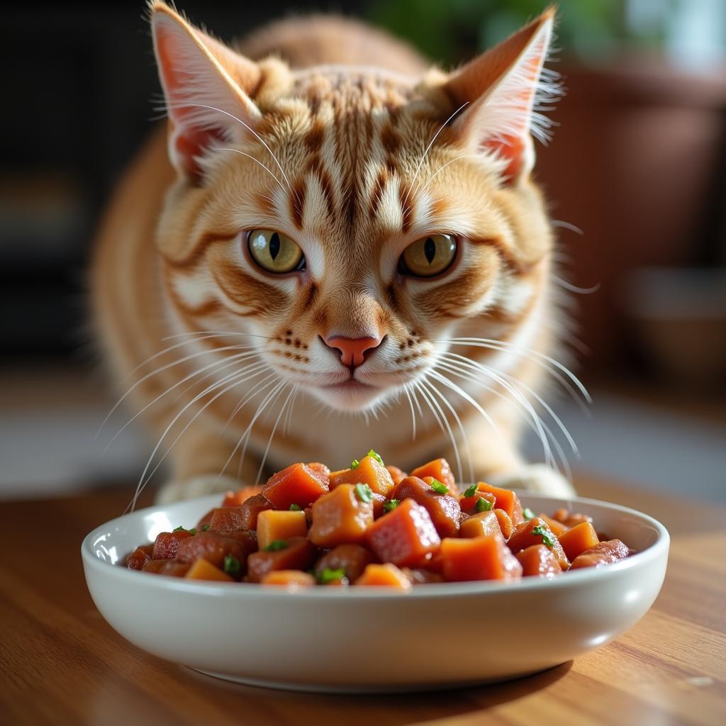 A Happy Cat Eating Stew Food