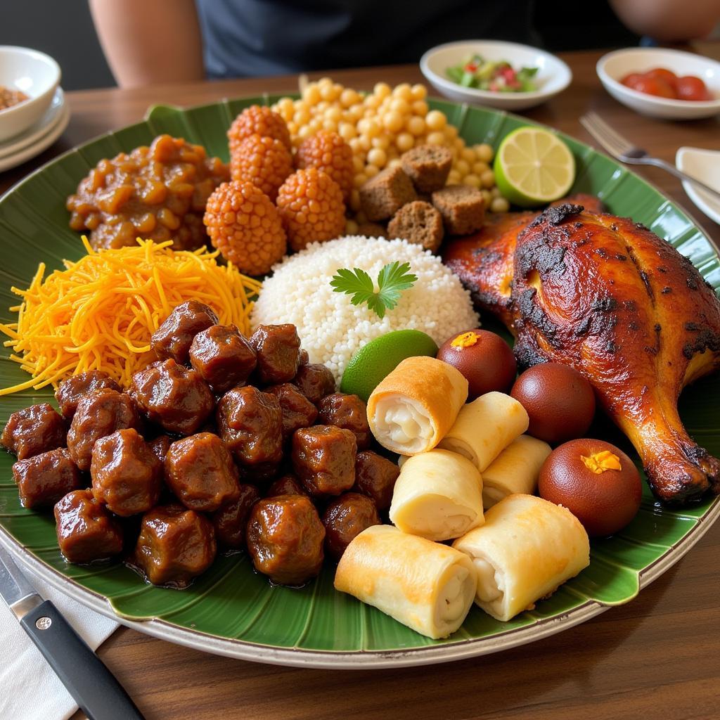 A vibrant and diverse Filipino food party tray showcasing various popular dishes like adobo, pancit, lumpia, and lechon kawali.