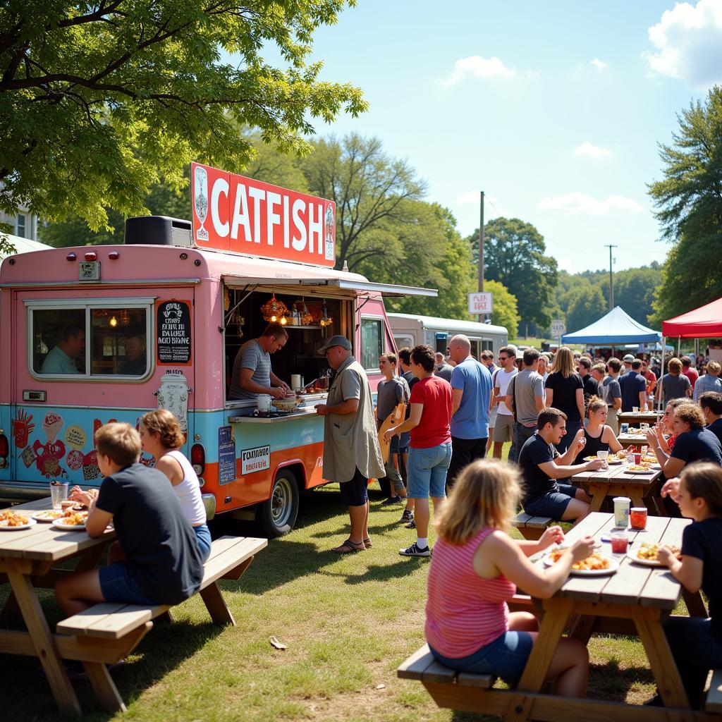 Customers Enjoying Catfish at a Food Truck