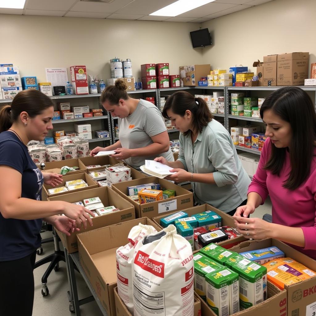 Donations and volunteers at a CCC food pantry sorting and stocking shelves