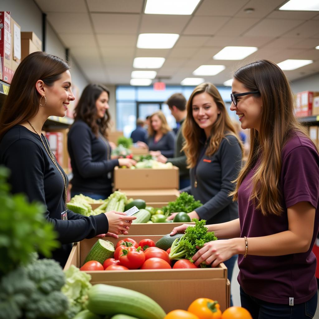 Volunteers at a CCC food pantry assisting clients with food selection