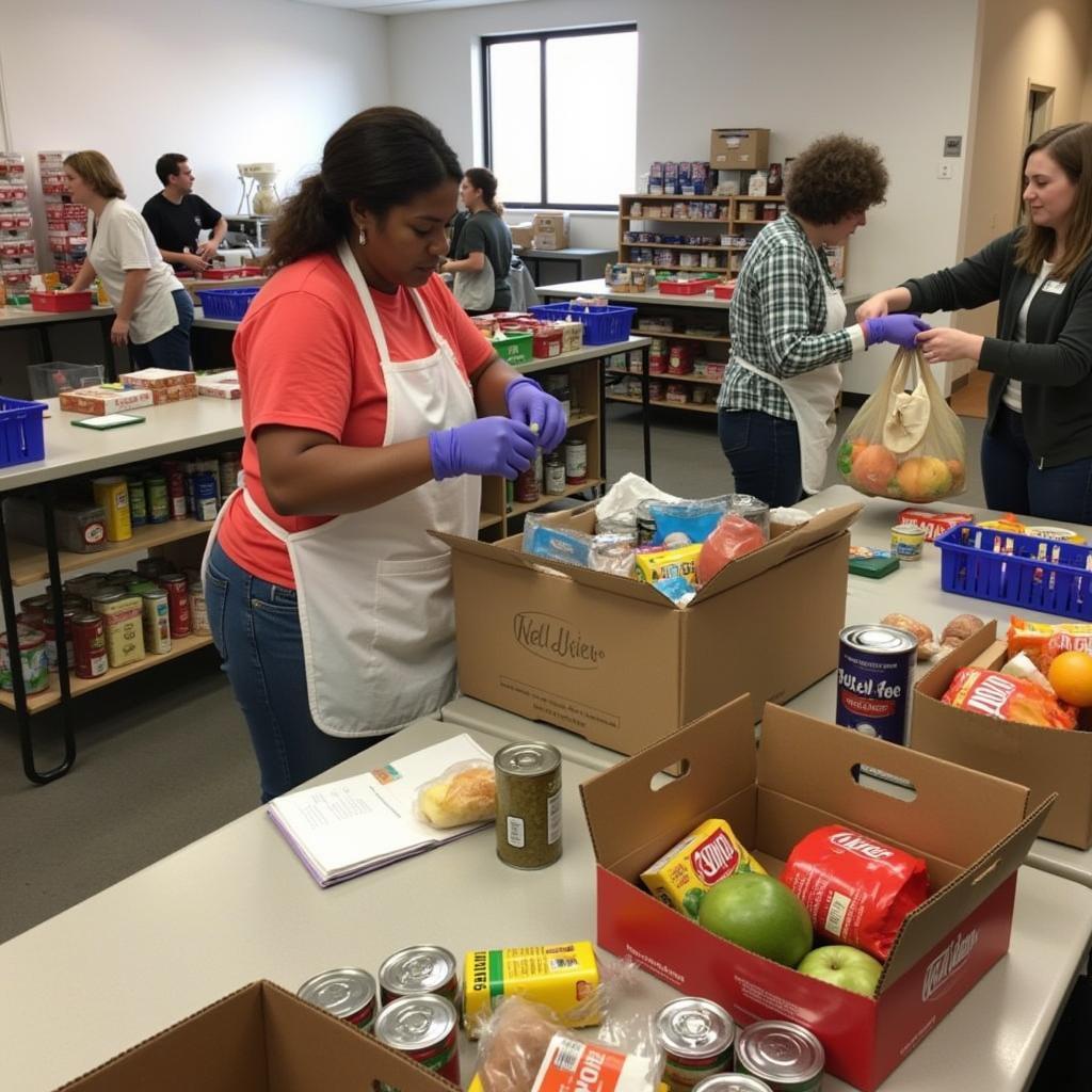 Volunteers sorting and packing food at Celebration Church Food Pantry